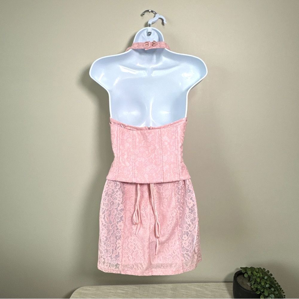 Pink Lace Halter Corset Mini Dress Coquette Y2K Fairycore Bodycon Party Dress - Picture 4 of 14
